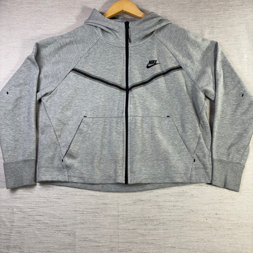 Nike Womens Tech Fleece Full Zip Hoodie Heather Gray Cropped Jacket Large